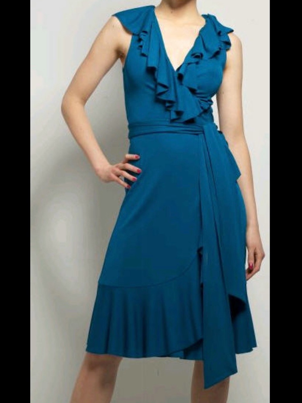 Diane Von Furstenberg Teal Ruffle Wrap Midi Dress with Tie Waist